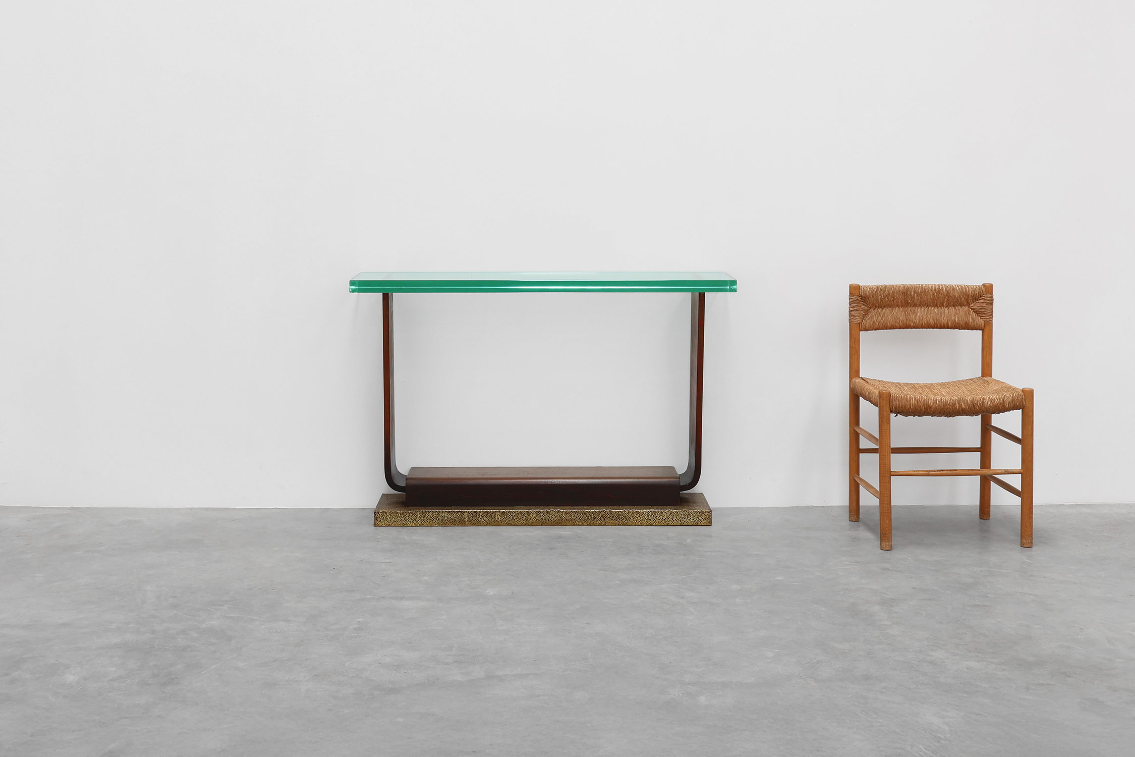 Sculptural French Art Deco Console Table with Glass Top, circa 1925thumbnail